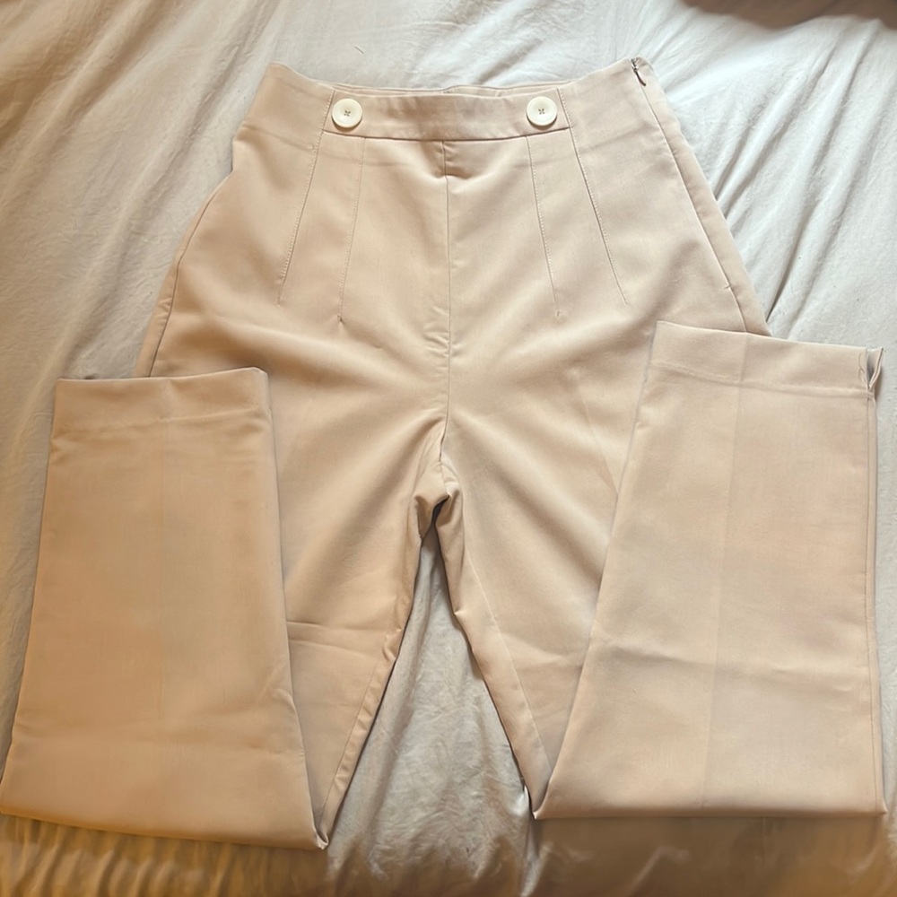 Zara size medium khaki colored pants with button detail and side zipper